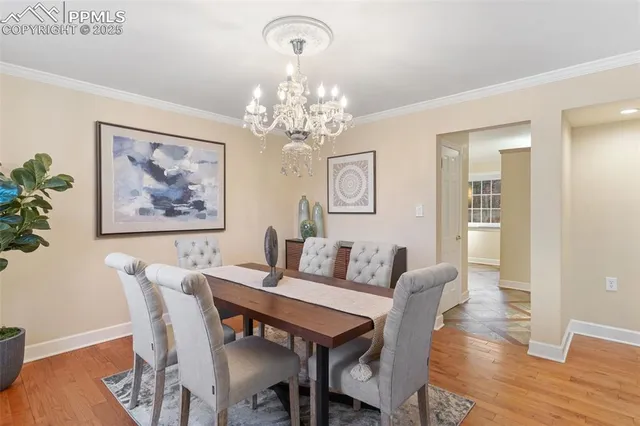 a view of a dining room with furniture wooden floor and a chandelier