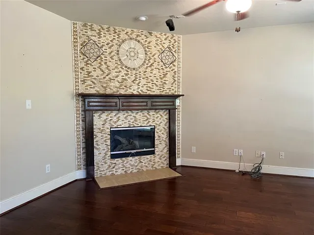 a living room with a fireplace