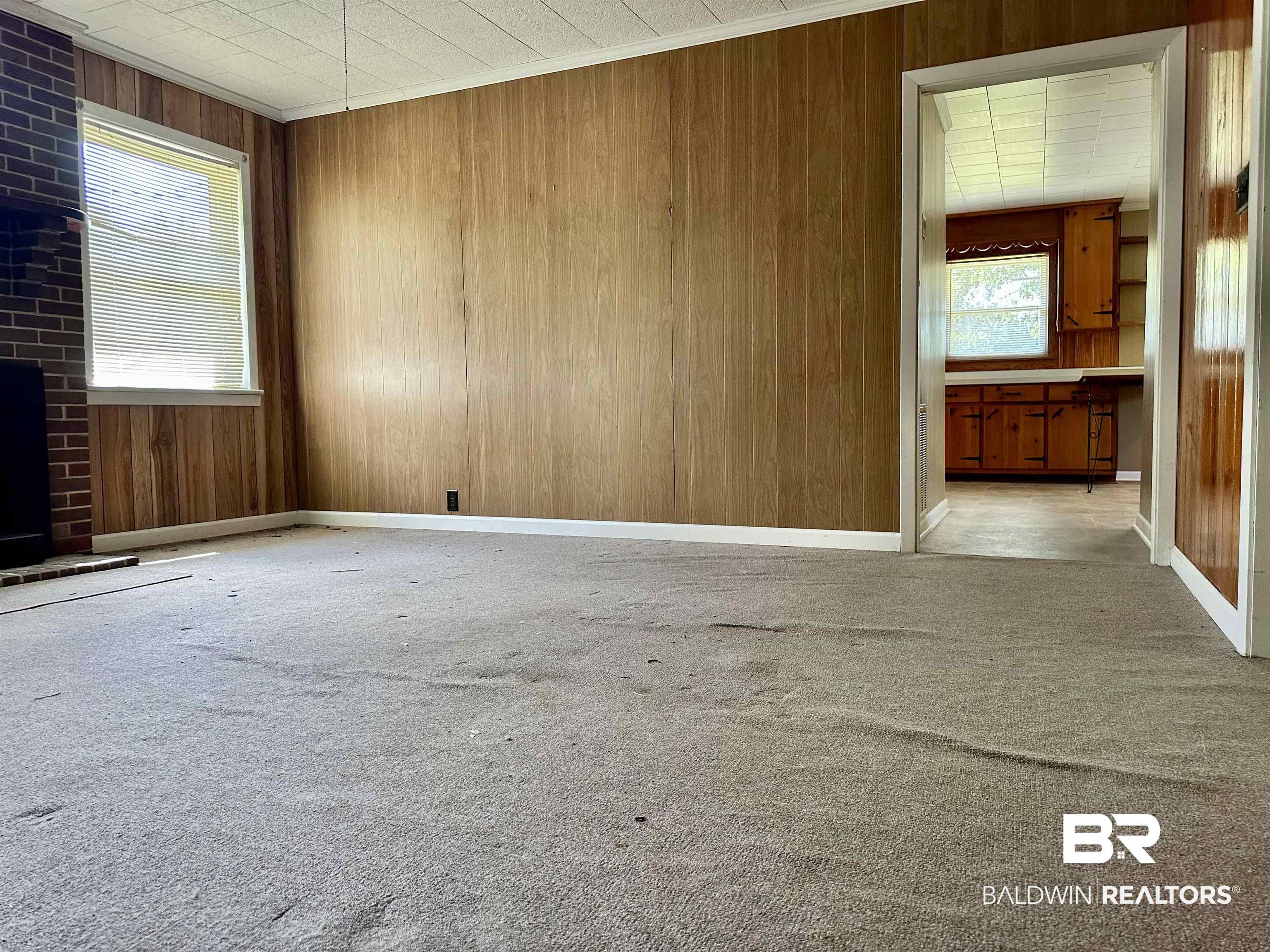 1081 Jay Road Brewton, AL 36426 - Photo 5 of 19 Carpeted empty room featuring wood walls and a fireplace