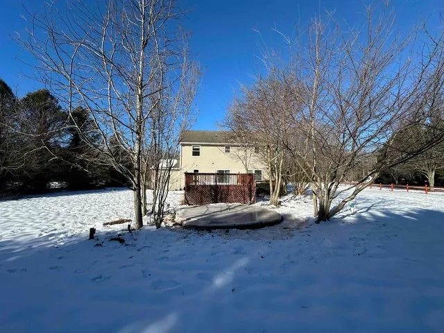 a view of backyard with wooden fence and trees