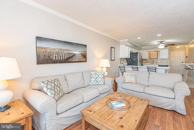 a living room with furniture and kitchen view