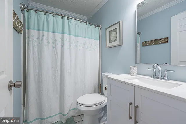 a bathroom with a sink a toilet and shower curtain