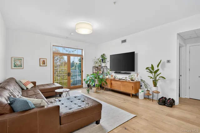 a living room with furniture and a potted plant