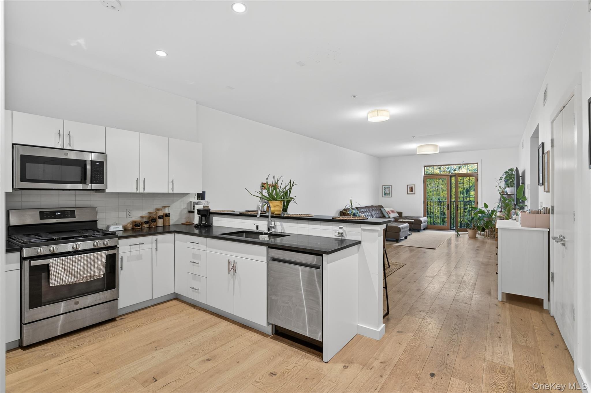249 Main Street, Unit 305 Beacon, NY 12508 - Photo 36 of 36 Kitchen featuring appliances with stainless steel finishes, a peninsula, open floor plan, tasteful backsplash, and light wood-style floors