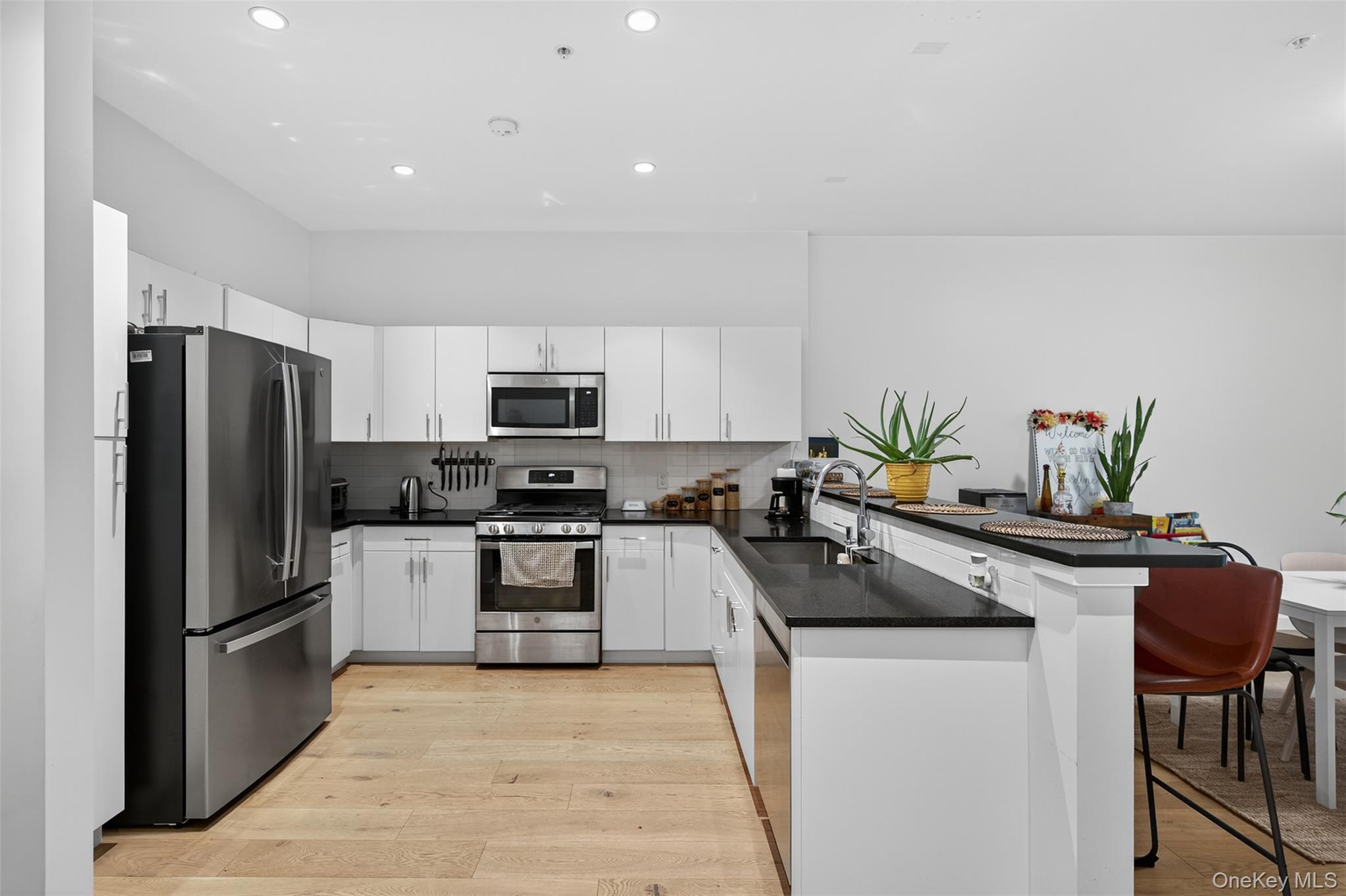 249 Main Street, Unit 305 Beacon, NY 12508 - Photo 5 of 36 Kitchen featuring stainless steel appliances, light wood-type flooring, a peninsula, backsplash, and dark stone counters