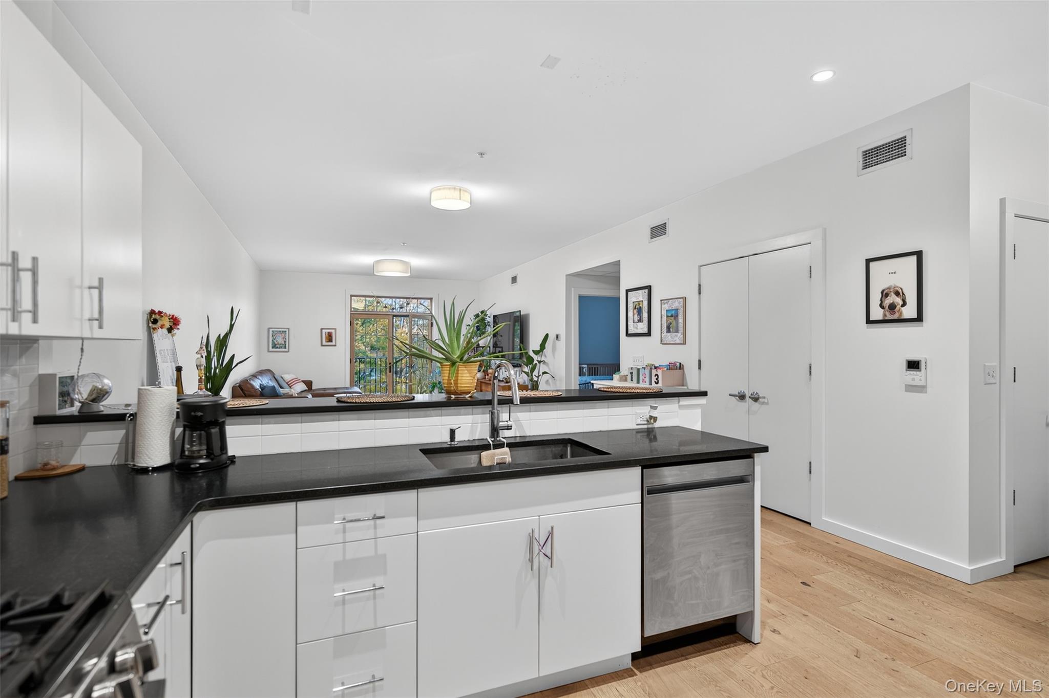 249 Main Street, Unit 305 Beacon, NY 12508 - Photo 6 of 36 Kitchen featuring light wood-style flooring, white cabinets, appliances with stainless steel finishes, a peninsula, and recessed lighting