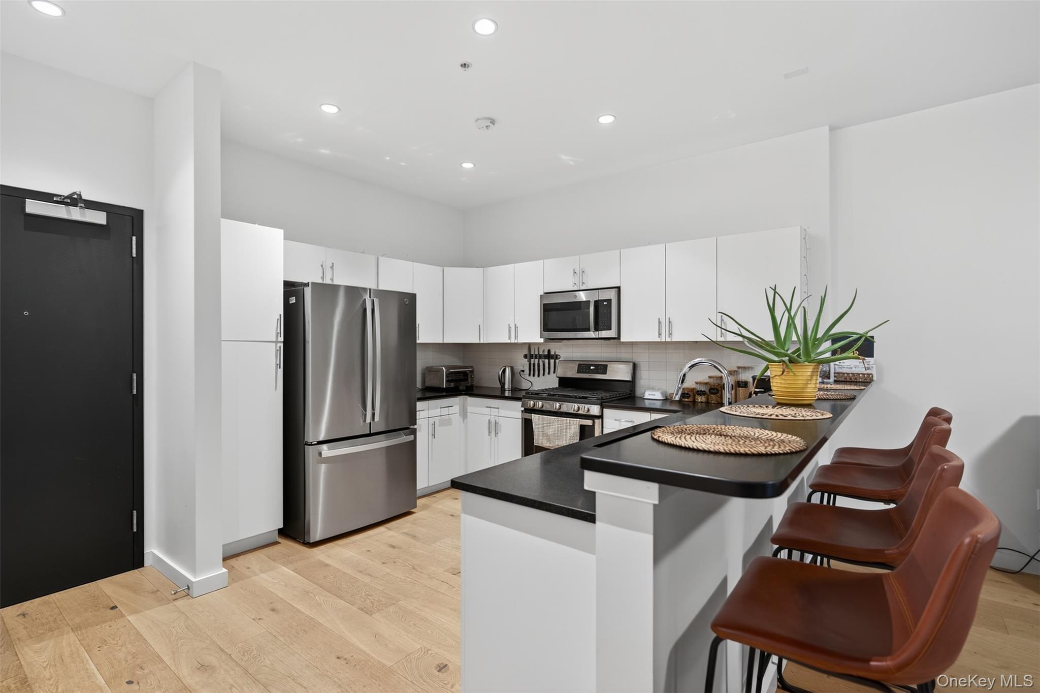 249 Main Street, Unit 305 Beacon, NY 12508 - Photo 8 of 36 Kitchen with stainless steel appliances, light wood finished floors, decorative backsplash, a peninsula, and white cabinetry