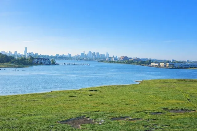 a view of an ocean beach and residential houses