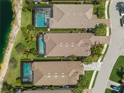 an aerial view of a house with a garden