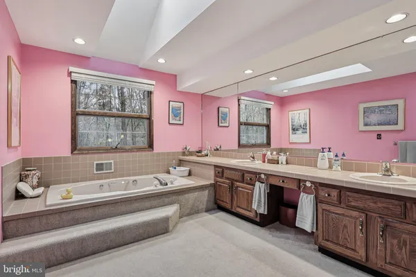 a bathroom with a sink vanity and a mirror