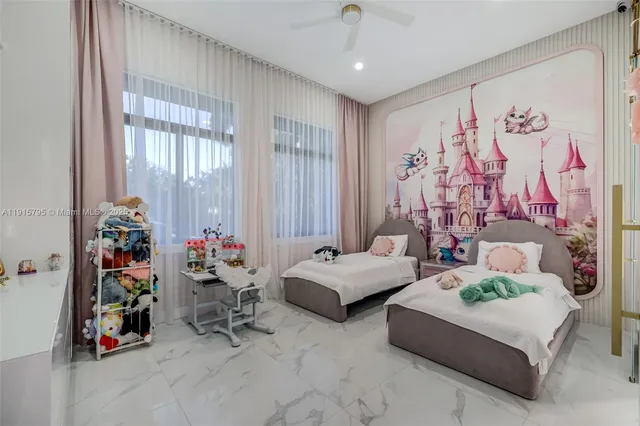 a swimming pool with outdoor seating