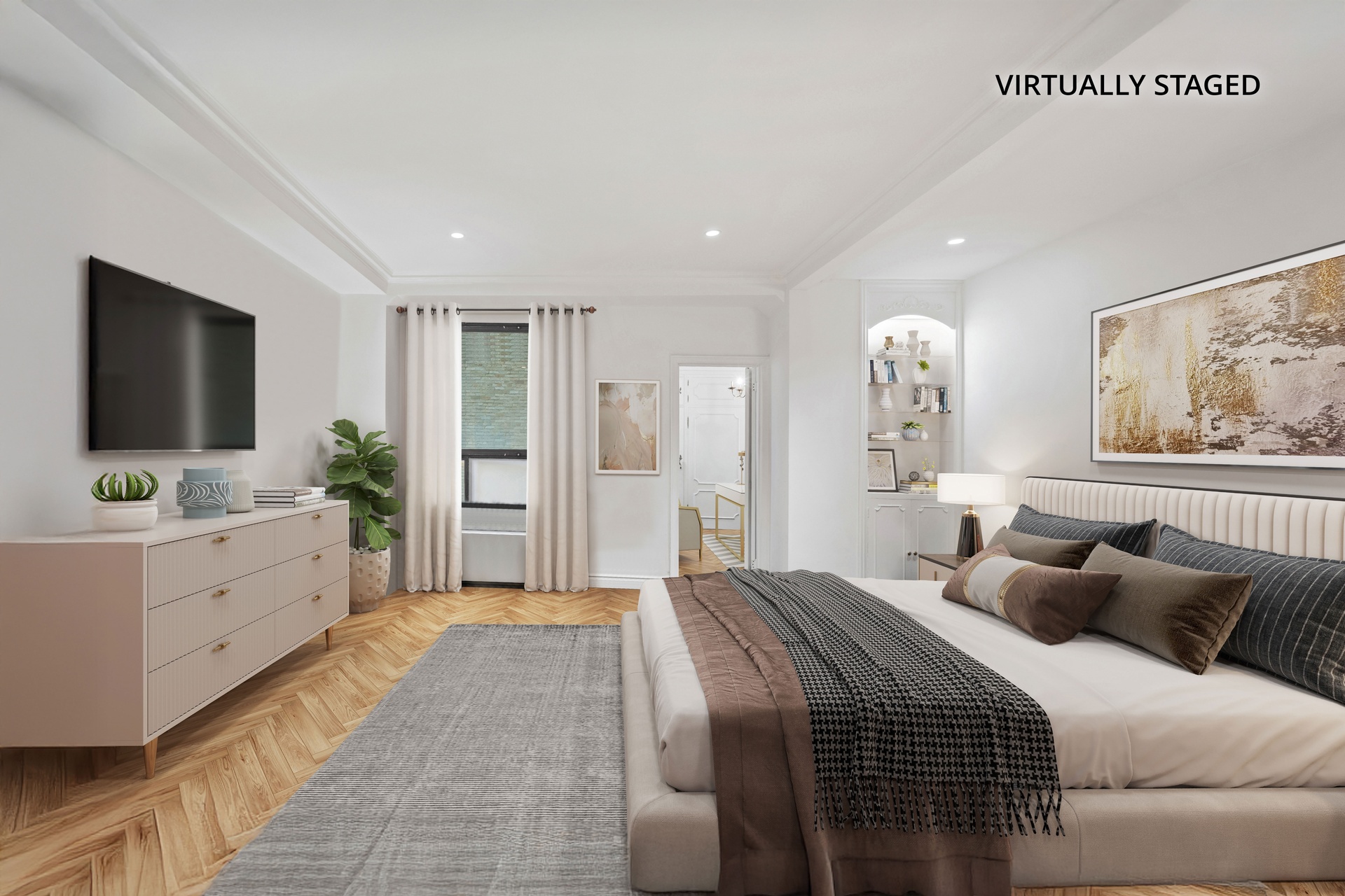 465 Park Avenue, Unit 8A Manhattan, NY 10022 - Photo 3 of 11 a bedroom with a large bed and a flat screen tv