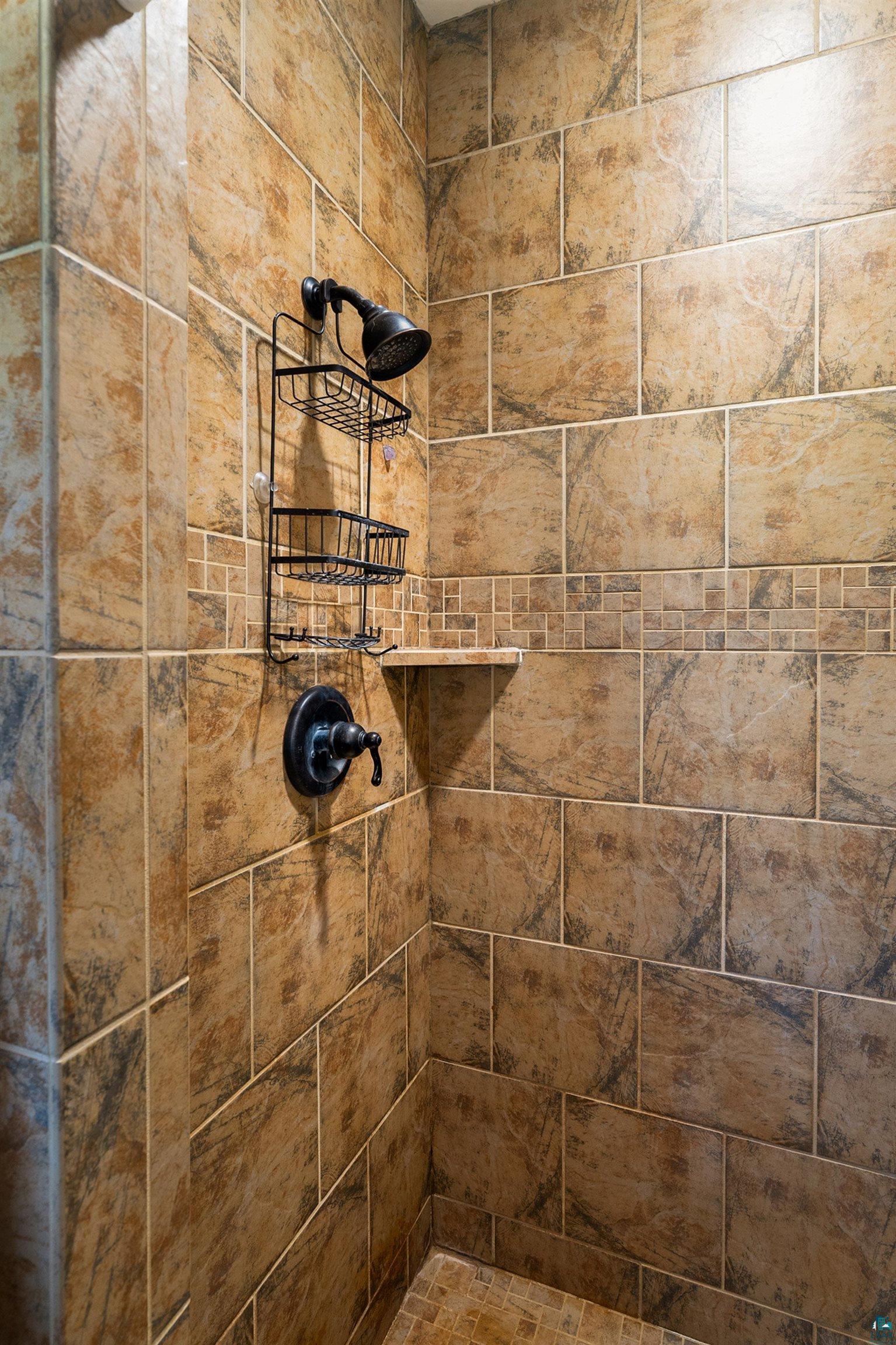 75 East Stark Road Esko, MN 55733 - Photo 26 of 87 Shower enclosure featuring full-height stone-look tile walls, a decorative mosaic tile accent band, and an integrated corner shelf