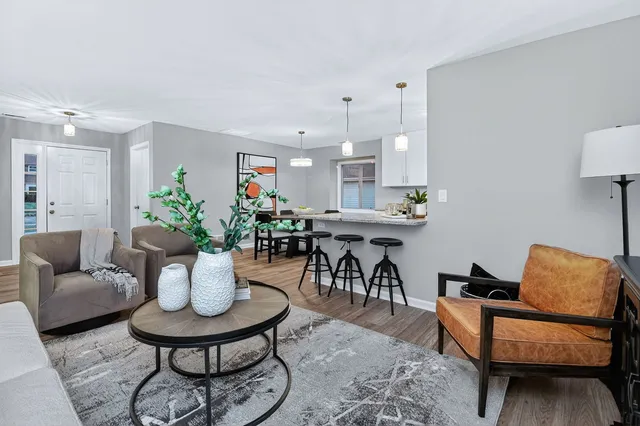 a living room with furniture and a potted plant
