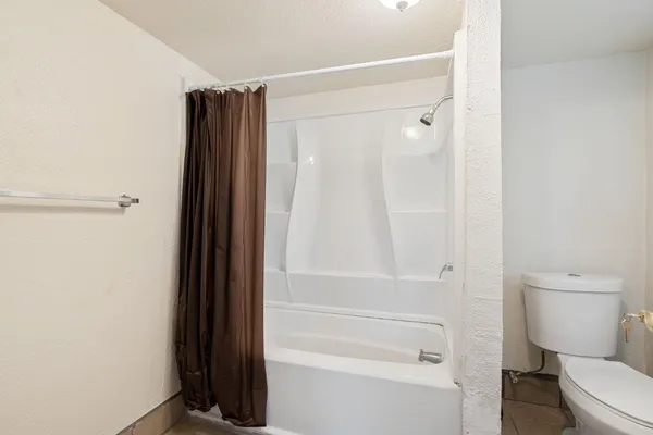 a bathroom with a shower and a toilet