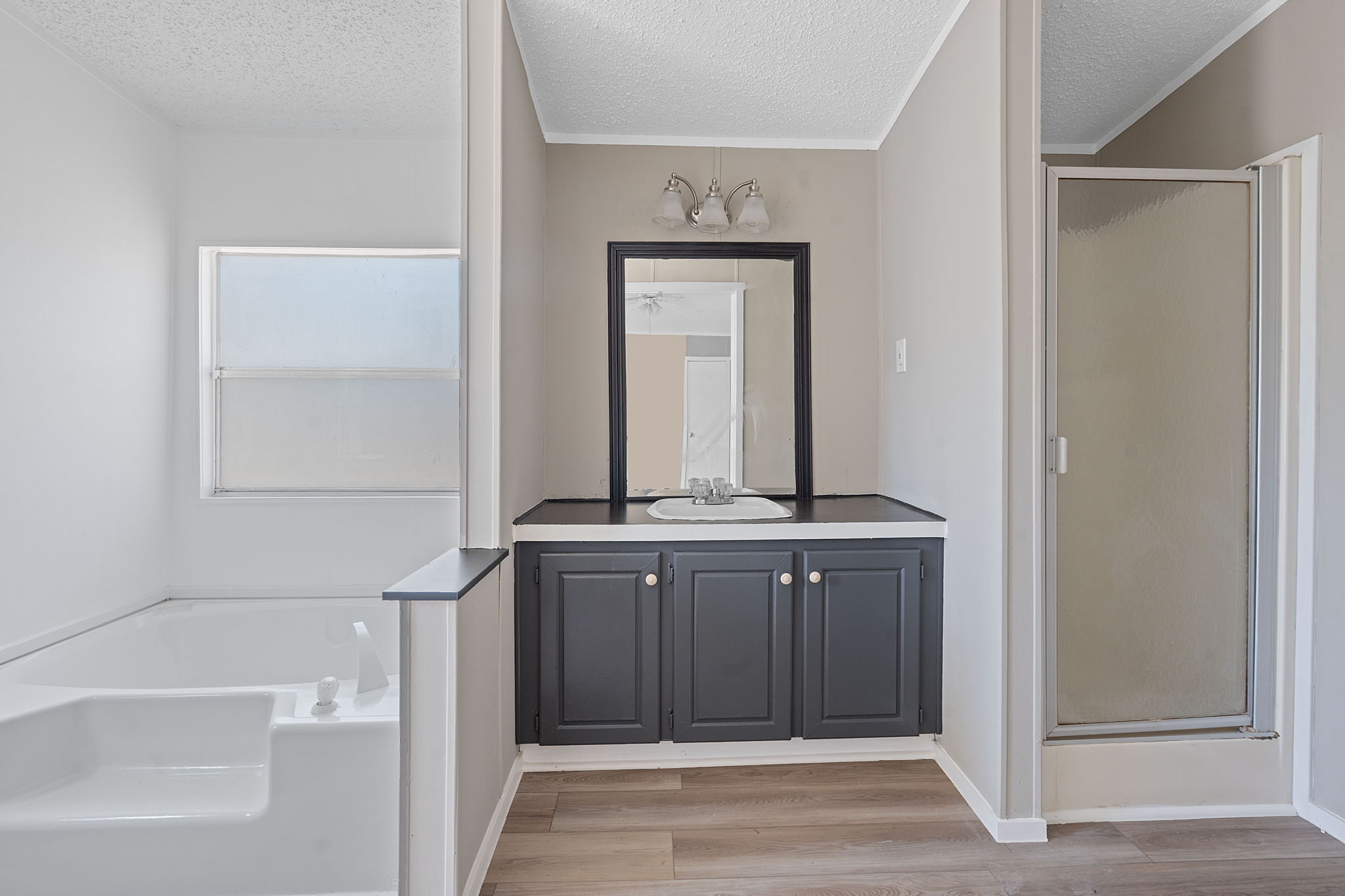 1385 Pettytown Road Dale, TX 78616 - Photo 12 of 27 Full bath with a shower stall, light wood finished floors, vanity, a garden tub, and a textured ceiling
