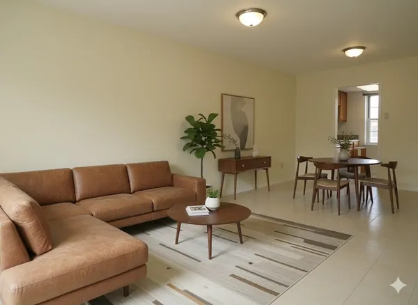 a living room with furniture and a potted plant