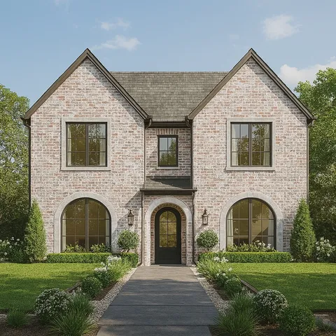 a front view of a house with garden and trees