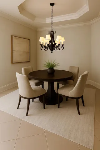 a dining room with furniture and chandelier