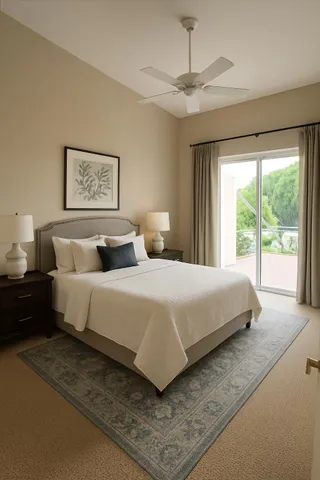 a view of a room with a large window