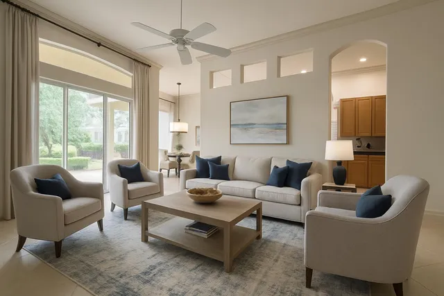 a living room with furniture and a large window