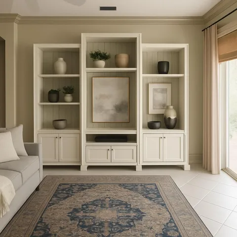 a living room with white furniture and a rug