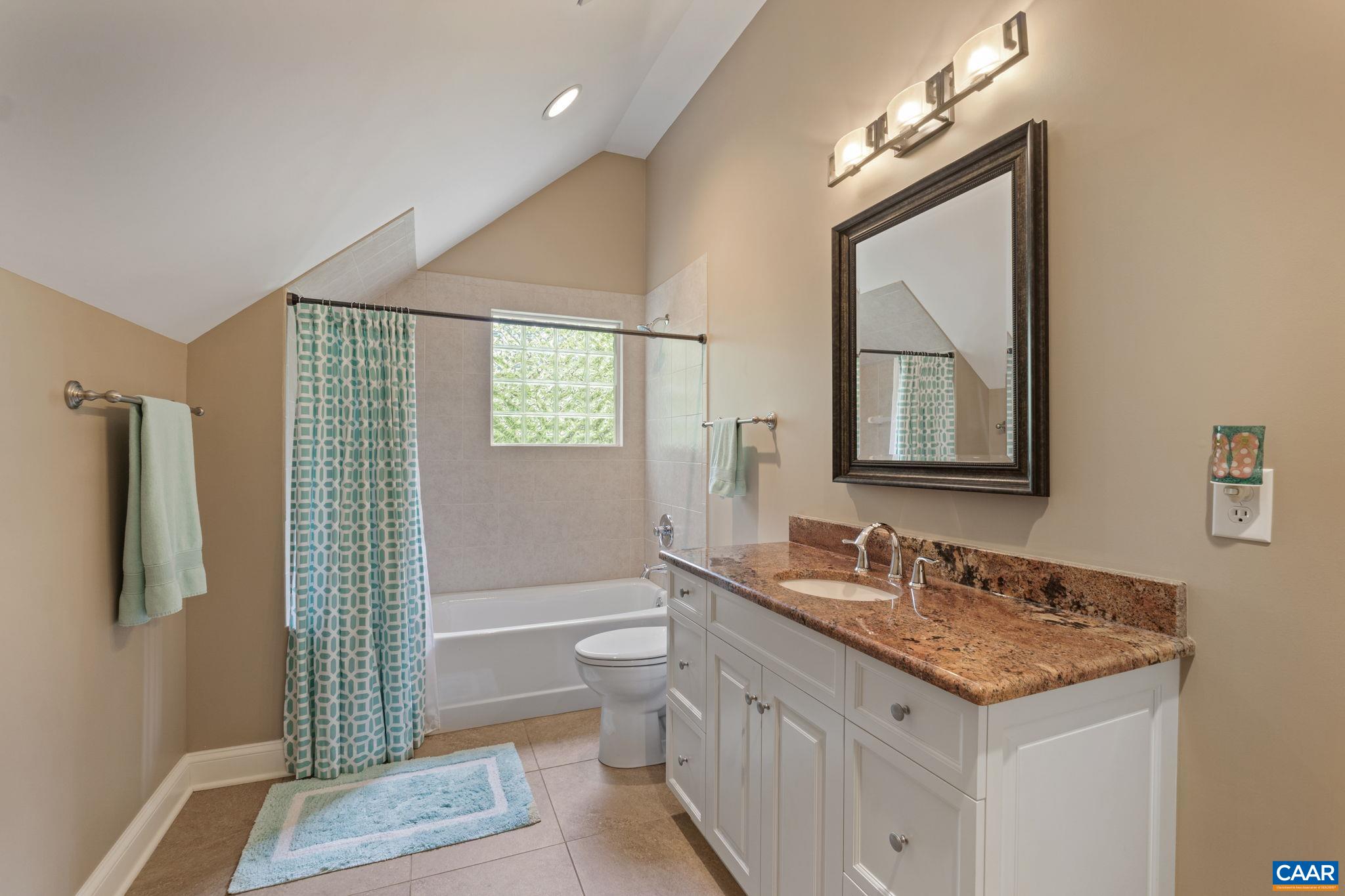 2025 Farringdon Road Keswick, VA 22947 - Photo 44 of 55 a bathroom with a granite countertop sink a toilet a mirror and shower