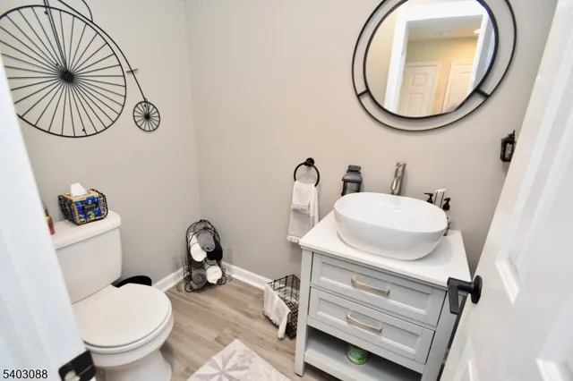 a bathroom with a sink mirror and toilet