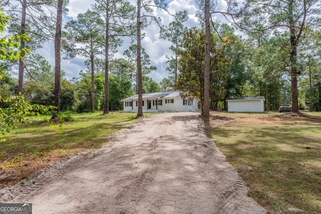 a view of a park with large trees
