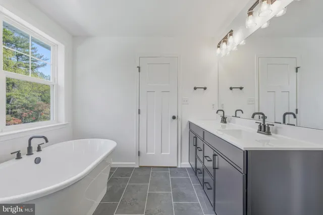 a bathroom with a double vanity sink a mirror and a bathtub