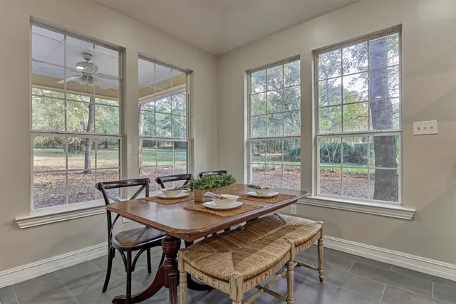 a view of a dining room with furniture window and outside view