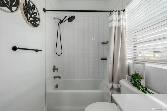 a bathroom with a shower curtain and a bathtub