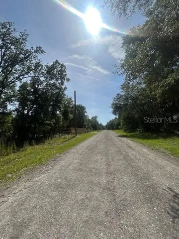 a view of a field with trees in background
