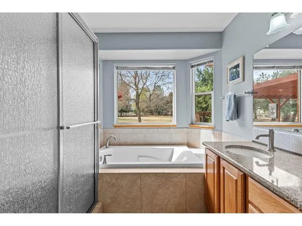 a bathroom with a granite countertop sink a mirror and a shower