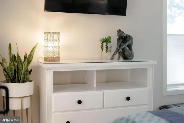 a bathroom with a tub and a potted plant