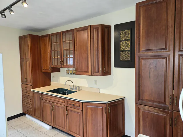a kitchen with a refrigerator and a sink