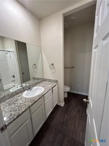 a spacious bathroom with a granite countertop sink and a mirror
