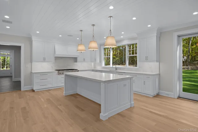 a kitchen with stainless steel appliances granite countertop a large stove a sink dishwasher and a large refrigerator with wooden floor