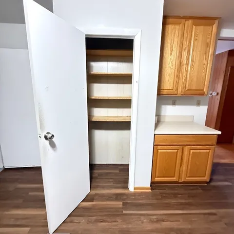 a view of wooden floor and windows in a room