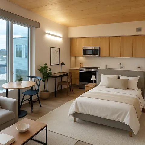 a bedroom with a bed a table and a potted plant