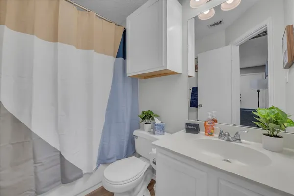 a bath room with a sink a toilet and a mirror