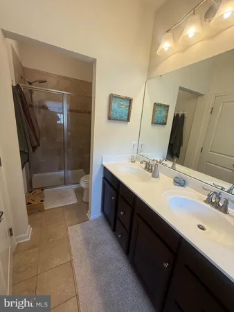 a bathroom with a double vanity sink a toilet a mirror and shower