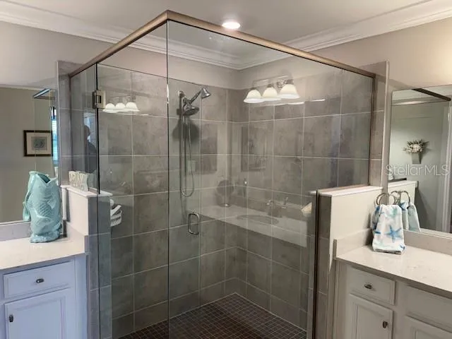 a bathroom with a shower and a sink