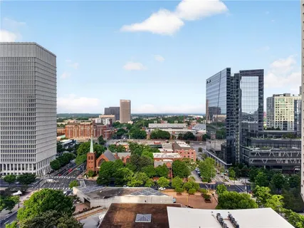 a city view with tall buildings