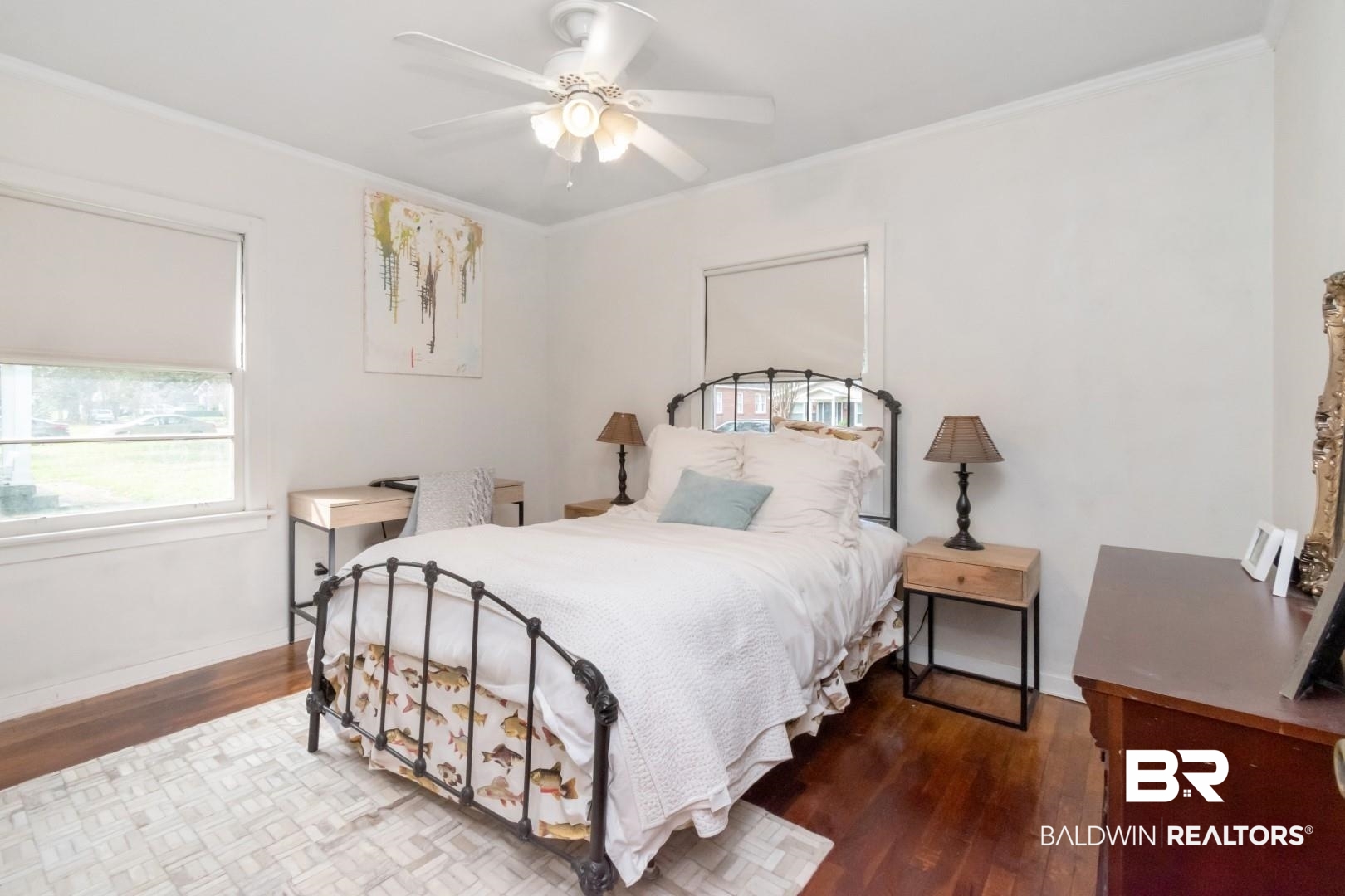 20 Kirby Street Mobile, AL 36607 - Photo 19 of 35 Bedroom featuring ceiling fan, wood-type flooring, and ornamental molding