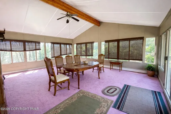a living room with furniture a rug potted plant and a large window