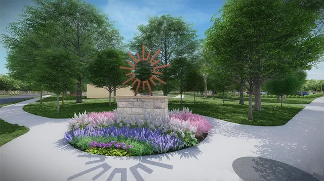 a view of a garden with a fountain