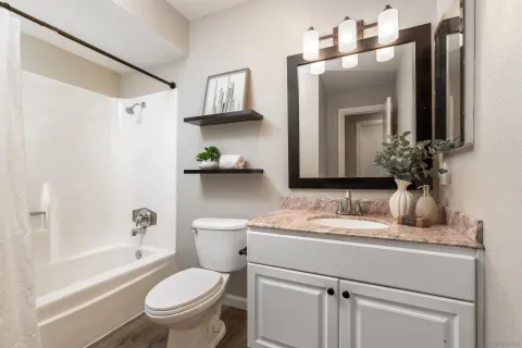 a bathroom with a granite countertop sink toilet a mirror a vanity and shower