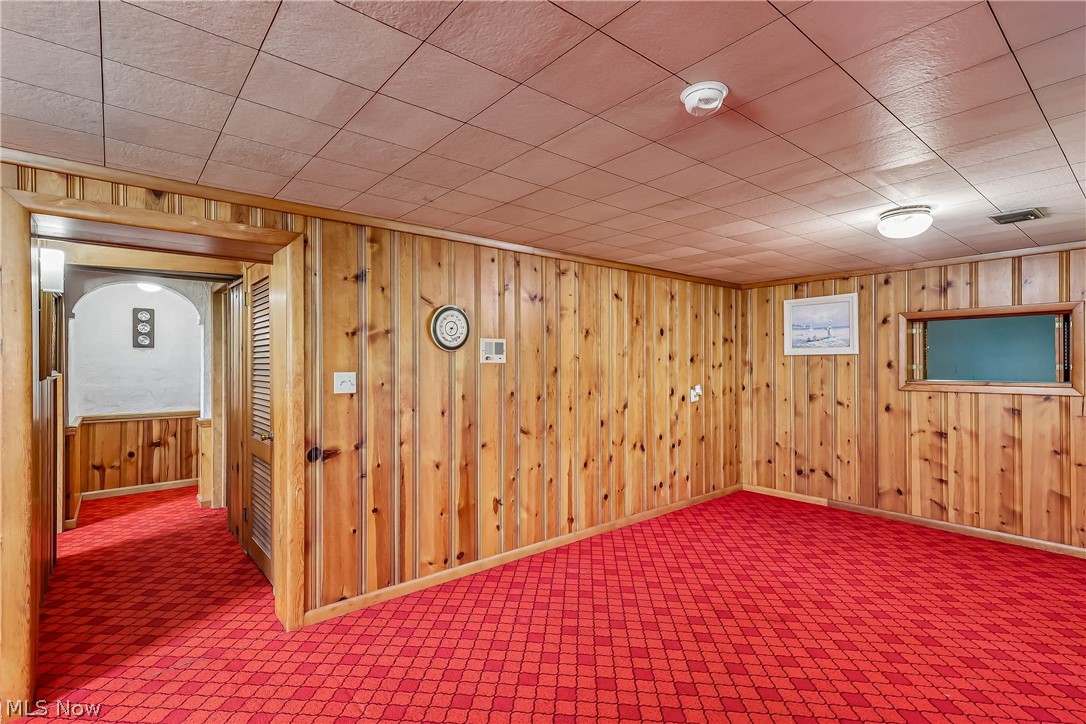2060 6th Street Southwest Akron, OH 44314 - Photo 30 of 46 Lower level family room with knotty pine walls, closet space and carpet flooring
