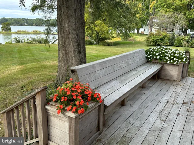 a view of a wooden floor and bench in the garden